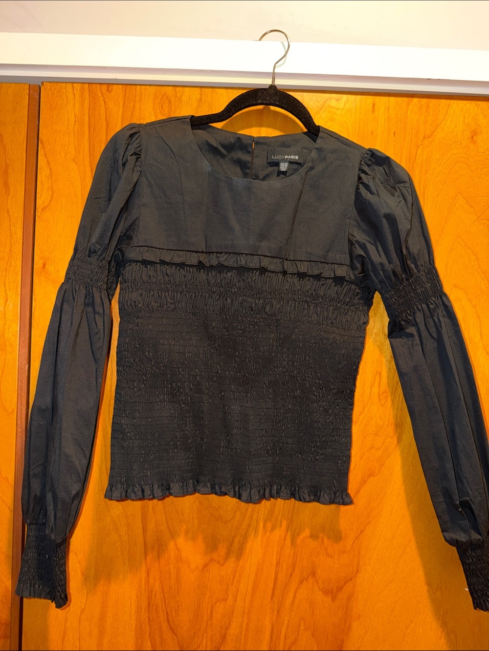 Lucy Paris Black Smocked Puff-Sleeve Blouse